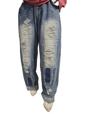 LAST ONE GRUNGE Jeans A Rare Bird Blue Distressed Wide-Leg Patchwork Detail NWT